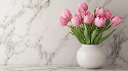 Obraz premium bunch of pink tulips in white vase on marble background . ai generated