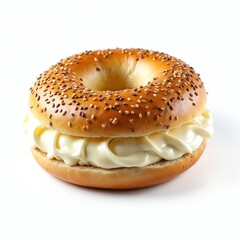 A delicious bagel filled with creamy cheese and sesame seeds for breakfast or snack. Freshly baked and ready to enjoy with soft cream cheese. Perfect breakfast with tasty sandwich on white background.