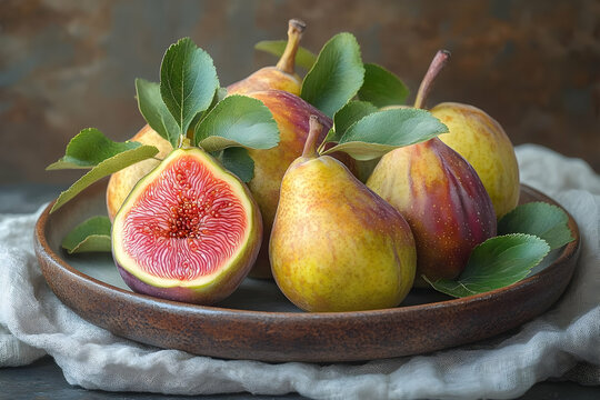 Fresh Figs And Pears On Rustic Plate