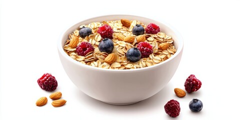 Realistic 3D Icon Cartoon of A Bowl of Oatmeal with Berries and Almonds