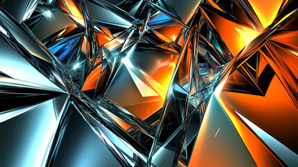 Abstract image of intersecting metallic shards in blue, orange, and gray hues, creating a dynamic and sharp design, showcasing a futuristic or technological concept