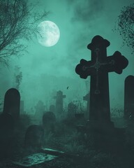 Eerie Night Scene in Abandoned Graveyard under Full Moonlight