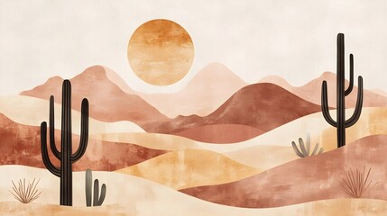 warm, minimalistic boho desert landscape illustration with rolling sand dunes, a glowing sun, and stylized cacti.