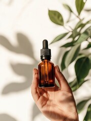 Naklejka premium Holding Amber Glass Dropper Bottle Against Wall with Plant Shadows Backdrop