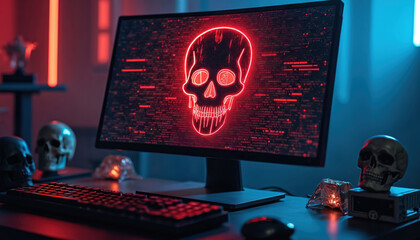 Computer screen displays red skull warning, indicating virus. Chaotic background of code. Image shows cyber attack. Dark online threat, security vulnerability concept. Digital crime. Hackers stole
