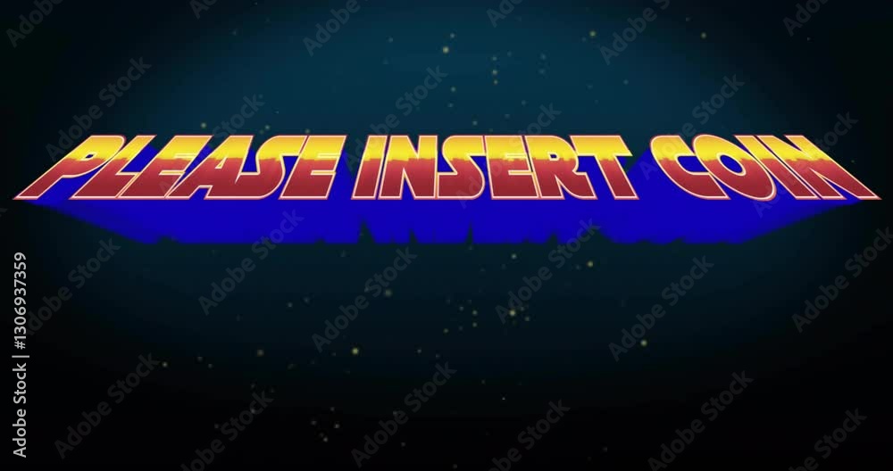 Poster animation of please insert coin text glowing on starry background
