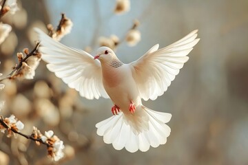 Obraz premium White dove flying gracefully among blossoming branches in a tranquil garden setting