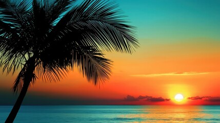 Sunset Over Tranquil Ocean with Silhouetted Palm Tree at Dusk