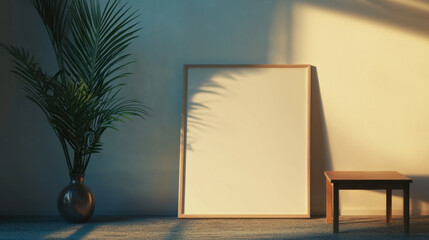 imagine an Giant Polaroid Photo Leaning Against Wall. the frame is white, the screen is blank, ambient is a little dark