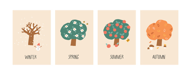 Set of winter, spring, summer and autumn posters. Hand drawn vector illustration of the four seasons. All elements are isolated.