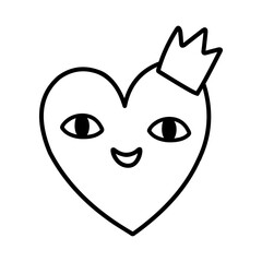 Cute heart character with a crown isolated on a white background. Vector hand-drawn illustration in doodle style. Perfect for cards, decorations, logo, various designs.
