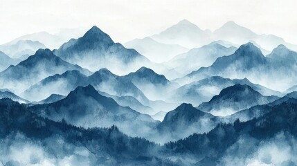Beautiful layered misty mountain range landscape painting in watercolor