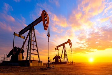 A dramatic sunset behind a field of oil pumps, silhouetted against the sky