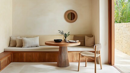 minimalist interior bamboo furniture, texture. A cozy, minimalist dining area featuring a wooden table, natural decor, and a warm, inviting ambiance.