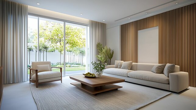 minimalist interior bamboo furniture, texture. A modern living room featuring a plush sofa, wooden accents, large windows, and a stylish coffee table surrounded by natural light.
