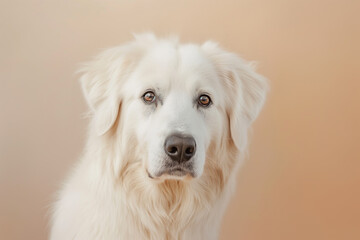 Fototapeta premium Great Pyrenees dog on minimalistic colorful background with Copy Space. Perfect for banners, veterinary ads, pet food promotions, and minimalist designs.