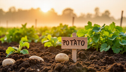 Serene potato field thriving at dawn, nature's abundance