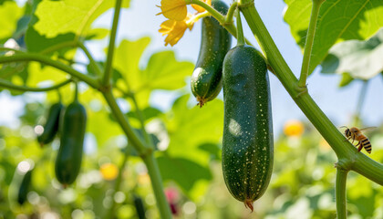 Vibrant cucumber vines with fruit in summer garden, nature's bounty