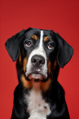 Obraz premium Greater Swiss Mountain dog on minimalistic colorful background with Copy Space. Perfect for banners, veterinary ads, pet food promotions, and minimalist designs.