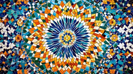A colorful mosaic of ceramic tiles, intricate geometric designs, vibrant colors, Mediterranean vibe, ultra-detailed, 4K.