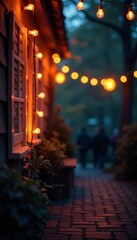Ambient lighting from string lights creates cozy atmosphere, welcoming, ambient, charm