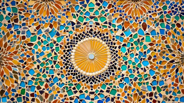 A colorful mosaic of ceramic tiles, intricate geometric designs, vibrant colors, Mediterranean vibe, ultra-detailed, 4K.