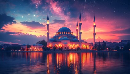Fototapeta premium Majestic Mosque Reflected in Calm Waters at Sunset