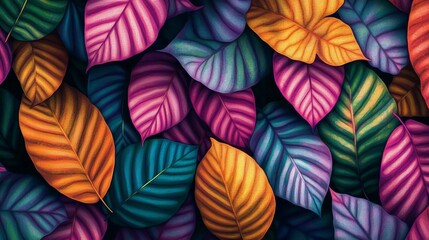 Fototapeta premium A colorful pattern of various leaves arranged in a creative design, vibrant and artistic atmosphere, eco-friendly vibe, ultra-detailed, high resolution.