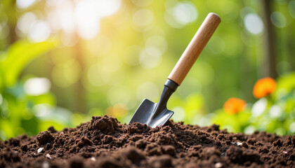 Eco-friendly garden spade resting on soil in lush garden, gardening tools