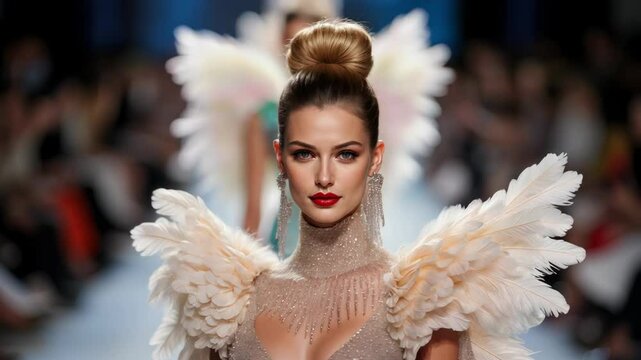 Confident Model in Feathered Gown and Sparkling Choker Walks the Runway at a Fashion Show