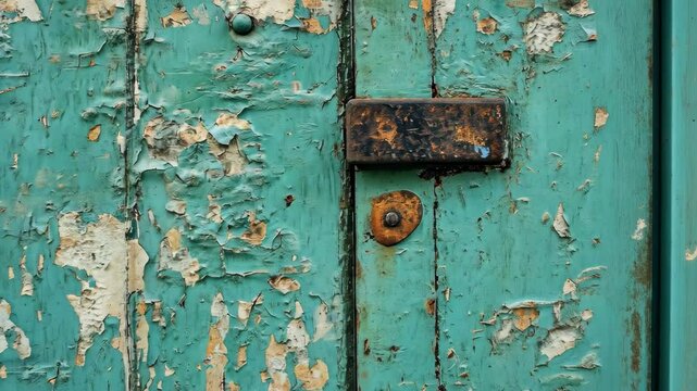 Weathered teal door displays layers of paint and history with rusty lock and worn texture in urban setting