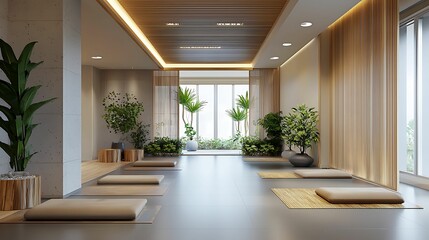 minimalist interior bamboo furniture, texture. A serene meditation room featuring soft lighting, plants, and comfortable seating, creating a tranquil atmosphere for relaxation and mindfulness.