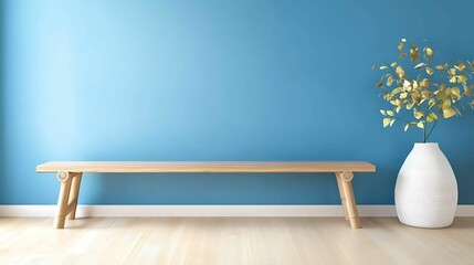 minimalist interior bamboo furniture, texture. A minimalist room featuring a wooden bench against a blue wall, complemented by a vase with greenery.