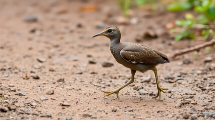 Obraz premium Small-billed Tinamou (Crypturellus parvirostris) walking on a mud road. Brazilian endemic bird difficult to visualize
