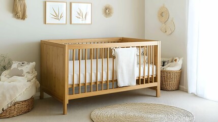 minimalist interior bamboo furniture, texture. A serene and stylish nursery featuring a wooden crib, soft textiles, and natural decorations, creating a cozy environment for a baby.