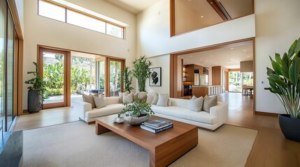 Fototapeta premium minimalist interior bamboo furniture, texture. A bright, spacious living room featuring a cozy sofa, wooden furniture, and large windows with lush greenery outside.
