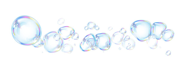 Transparent bubbles with iridescent hues drift in the air on a white background. The light reflections give them a dreamy, magical appearance, perfect for backgrounds or designs.