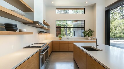 minimalist interior bamboo furniture, texture. A modern kitchen featuring sleek wooden cabinets, open shelving, a large window, and minimalist design elements.