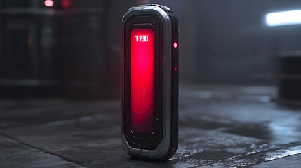 Futuristic red glowing device, sleek metallic design, standing on dark surface.  Scifi concept, technology, mystery, countdown timer. Ideal for tech, game, film, or futuristic backgrounds.
