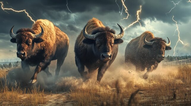 Stampede of Buffalo on North American Prairie in Storm with Lightning and Thunder