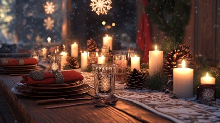 A festive winter table setting with candles, snowflakes, and pinecone decor, warm and celebratory, ultra-detailed, 8k