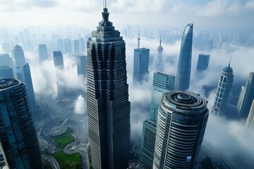 A futuristic city struggling with extreme pollution, thick smog covering all the buildings