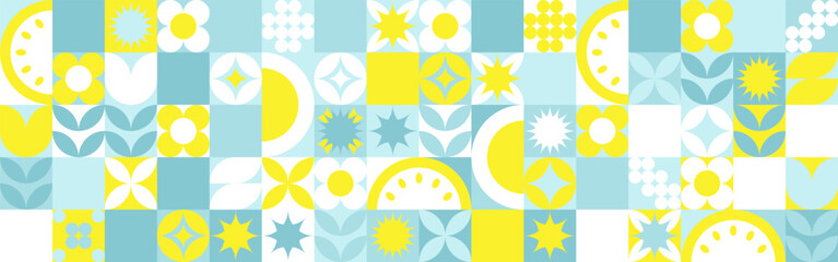 Seamless geometric summer background from flowers ornament, bright textiles and wallpaper. Daisies and bells in yellow and blue sunny shades for packaging goods and gifts.