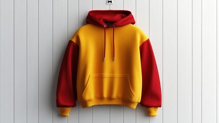 Hanging mustard yellow hoodie with red sleeves on white wall