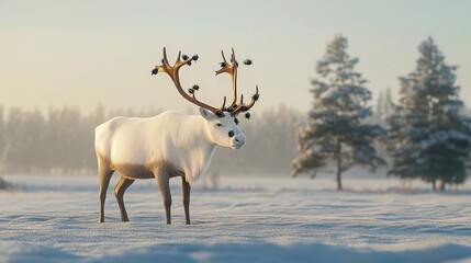 Obraz premium A majestic white-coated reindeer stands alert in the middle of a vast, snow-covered plain under soft morning light. Its antlers are large and gracefully curved, catching glints sun. 32k resolution