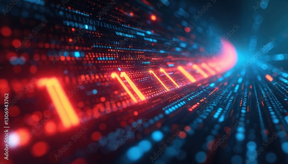 Poster abstract digital stream with red, blue dots numbers. futuristic tech background with glowing data fl