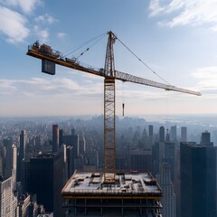Cityscape construction crane lifting materials, aerial view