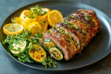 Stuffed Pork Loin Roasted with Lemon Zucchini Salad on Plate. Still Life with People