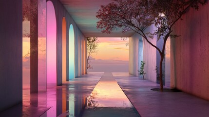Obraz premium 3D render of a colorful, pastel-colored interior corridor with trees and water, a perspective view, a pink sky at sunset, arches, concrete walls, and a polished stone floor. 