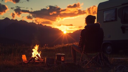 A person watches the sunset near a camping bonfire
